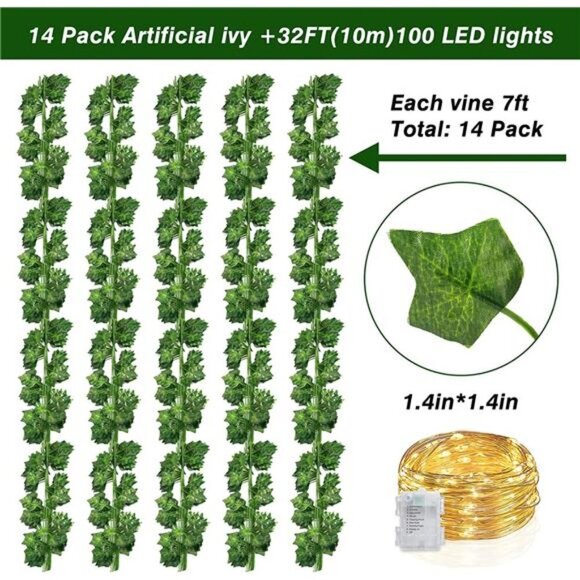 168Ft 24 Pack Fake Vines with Lights, Ivy Garland Fake Leaves with 200 LED - Picture 2 of 7
